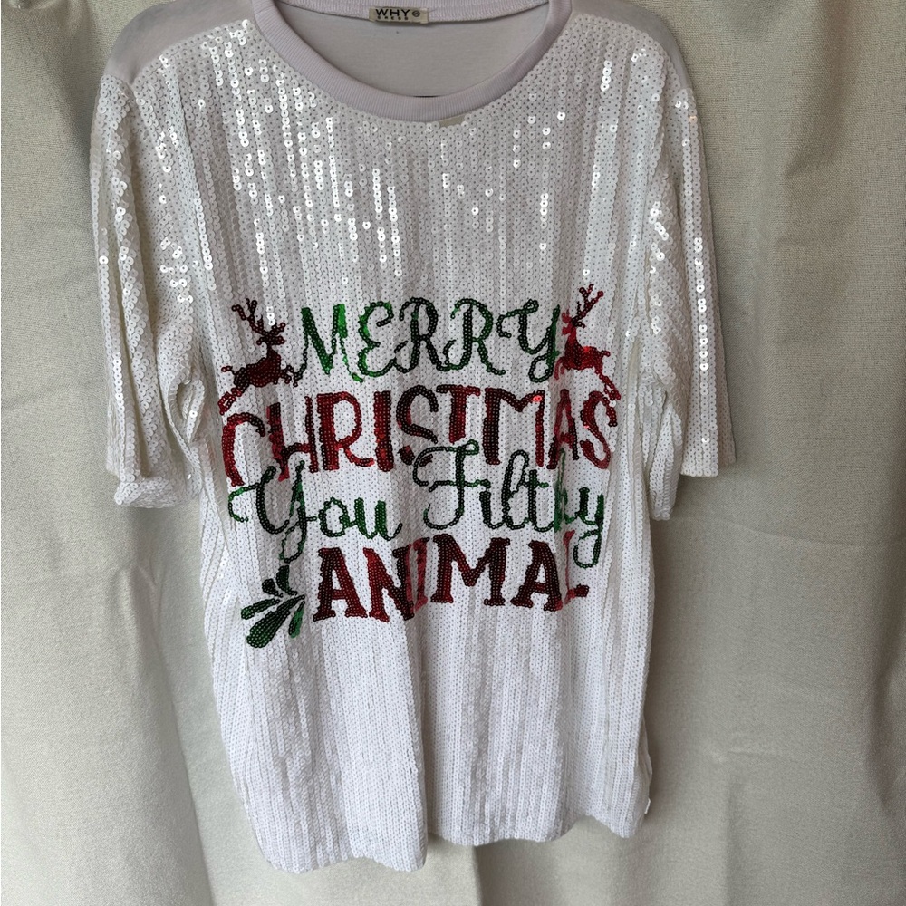 Sequin 'Merry Christmas You Filthy Animal' Tee - White